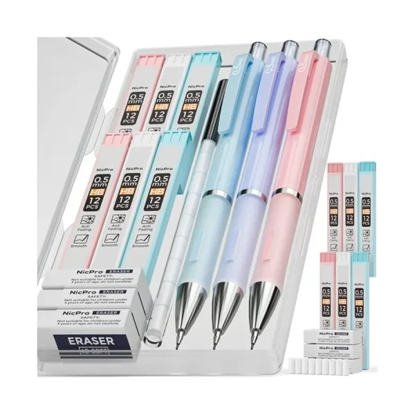 Pastel Mechanical Pencils with 6 tubes HB Lead, Refills and Erasers